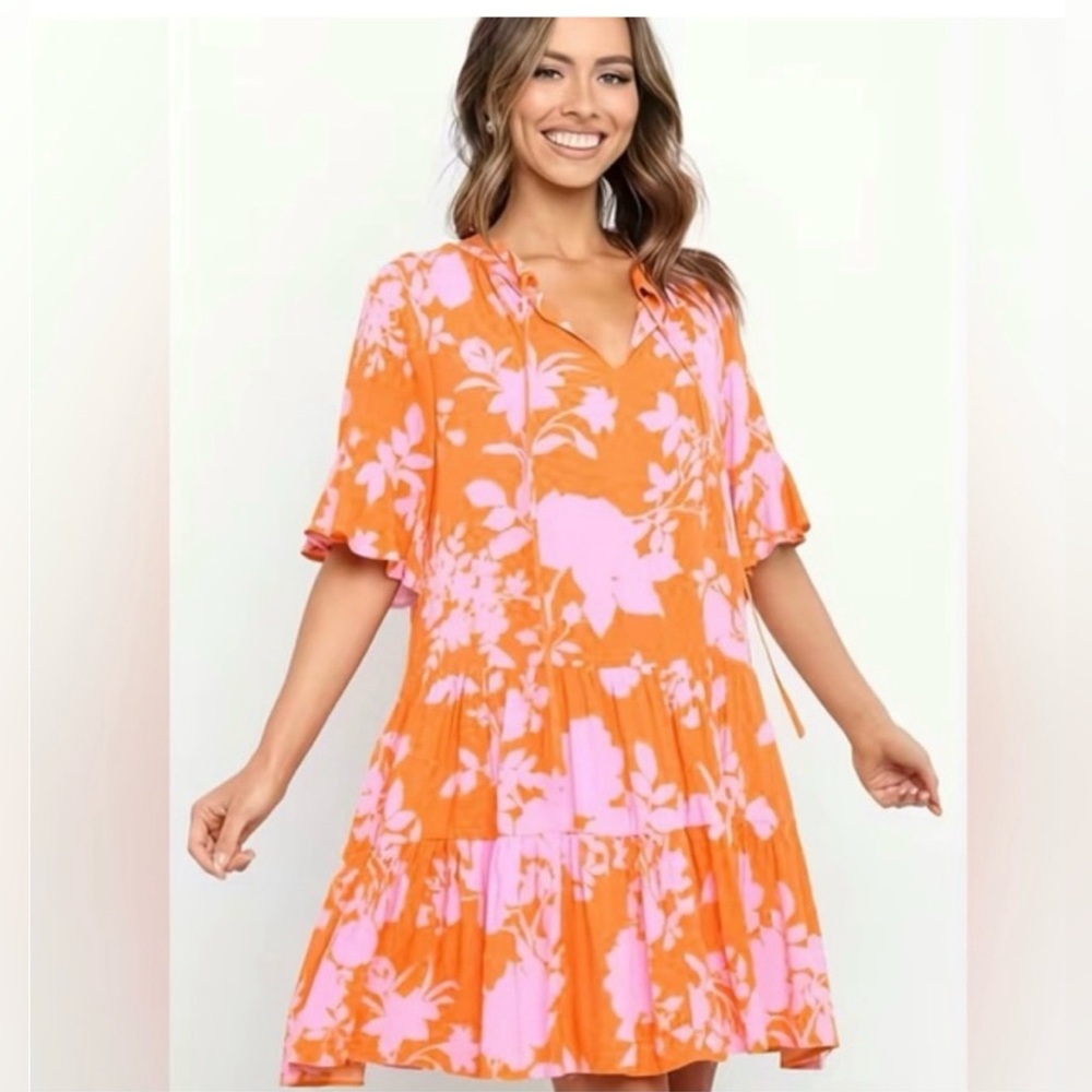 Petal & Pup Pink and Orange Floral Baby Doll Mini Dress Small